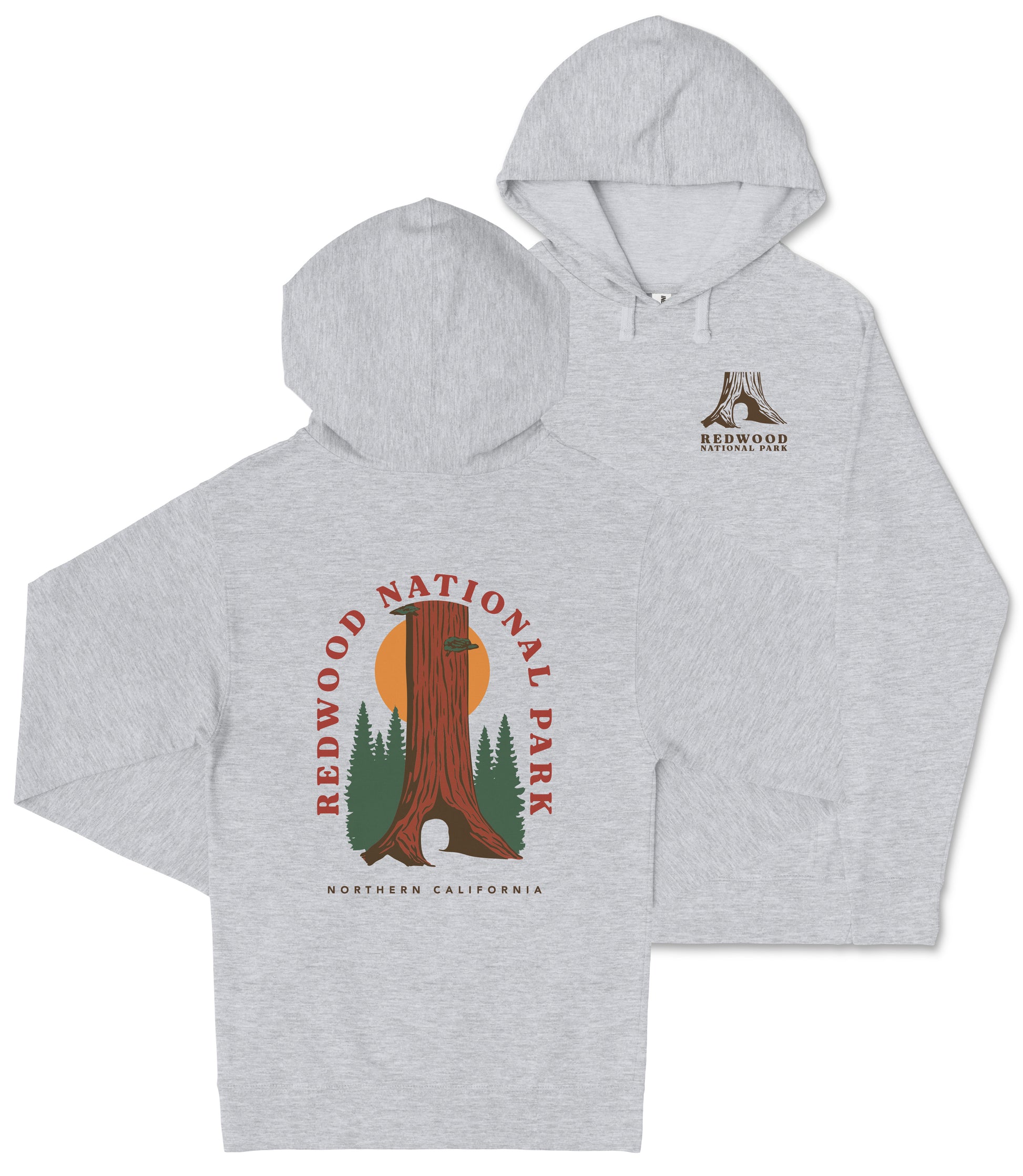 A gray hooded sweatshirt with a graphic design featuring a tree and the text "REDWOOD NATIONAL PARK NORTHERN CALIFORNIA".
