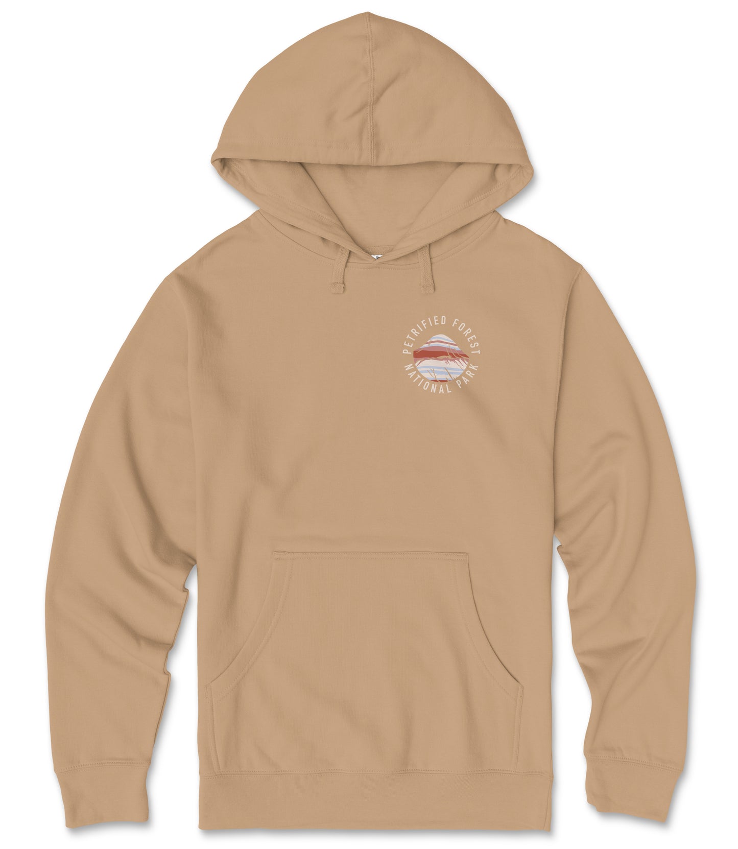 A beige hooded sweatshirt with a round logo on the front.