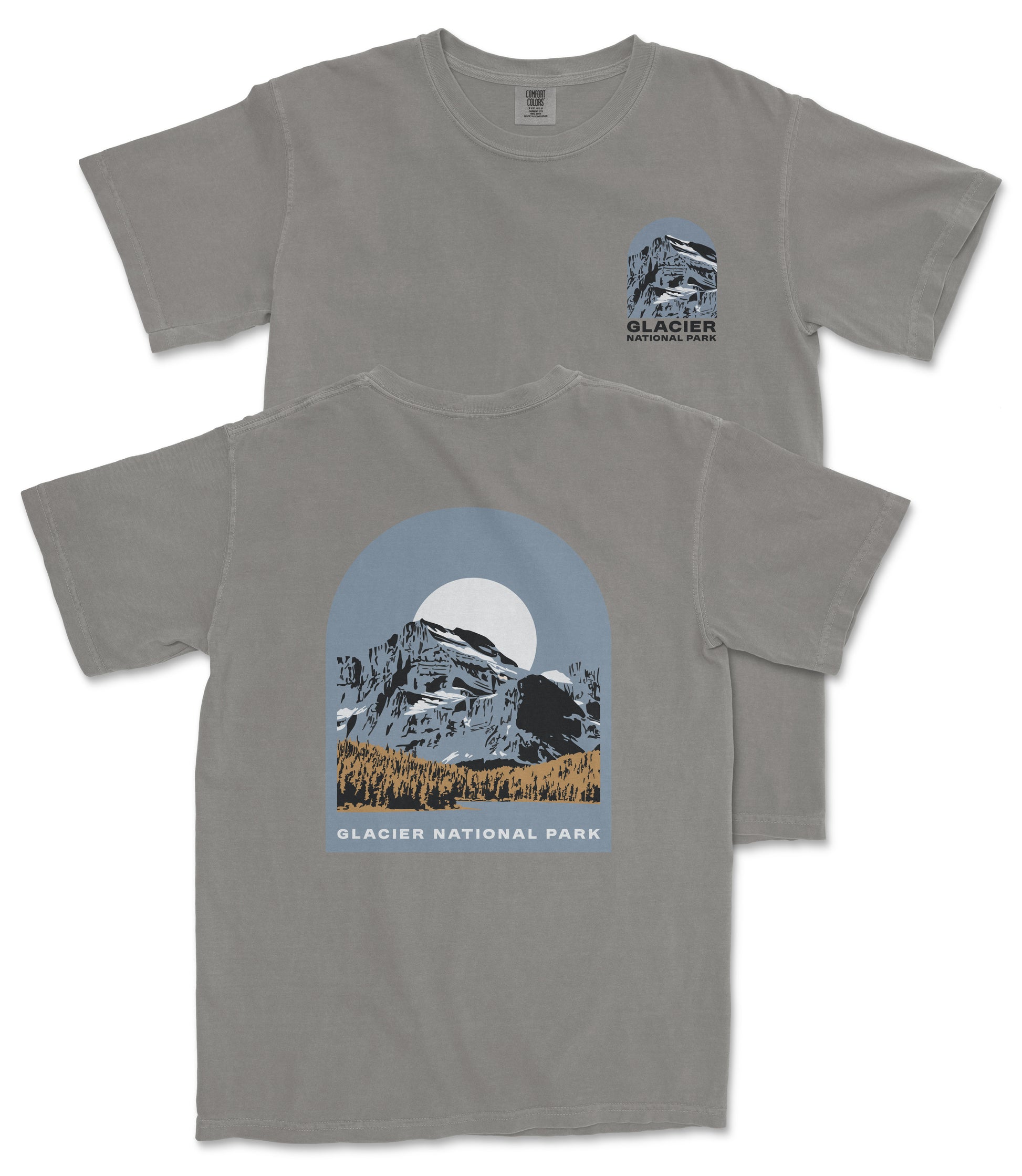 a gray t-shirt with a graphic design depicting a mountain landscape with a full moon. The design includes the text "Glacier National Park" and "Glacier" along with a mountain silhouette.