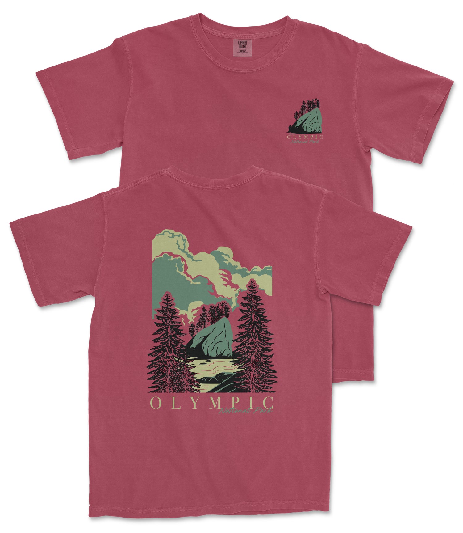A red t-shirt with a graphic design depicting a mountain landscape with pine trees and clouds.