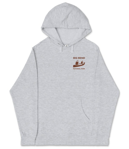 A gray hooded sweatshirt with a graphic design on the left side depicting a boat and the text "BIG BEND NATIONAL PARK" printed on it.
