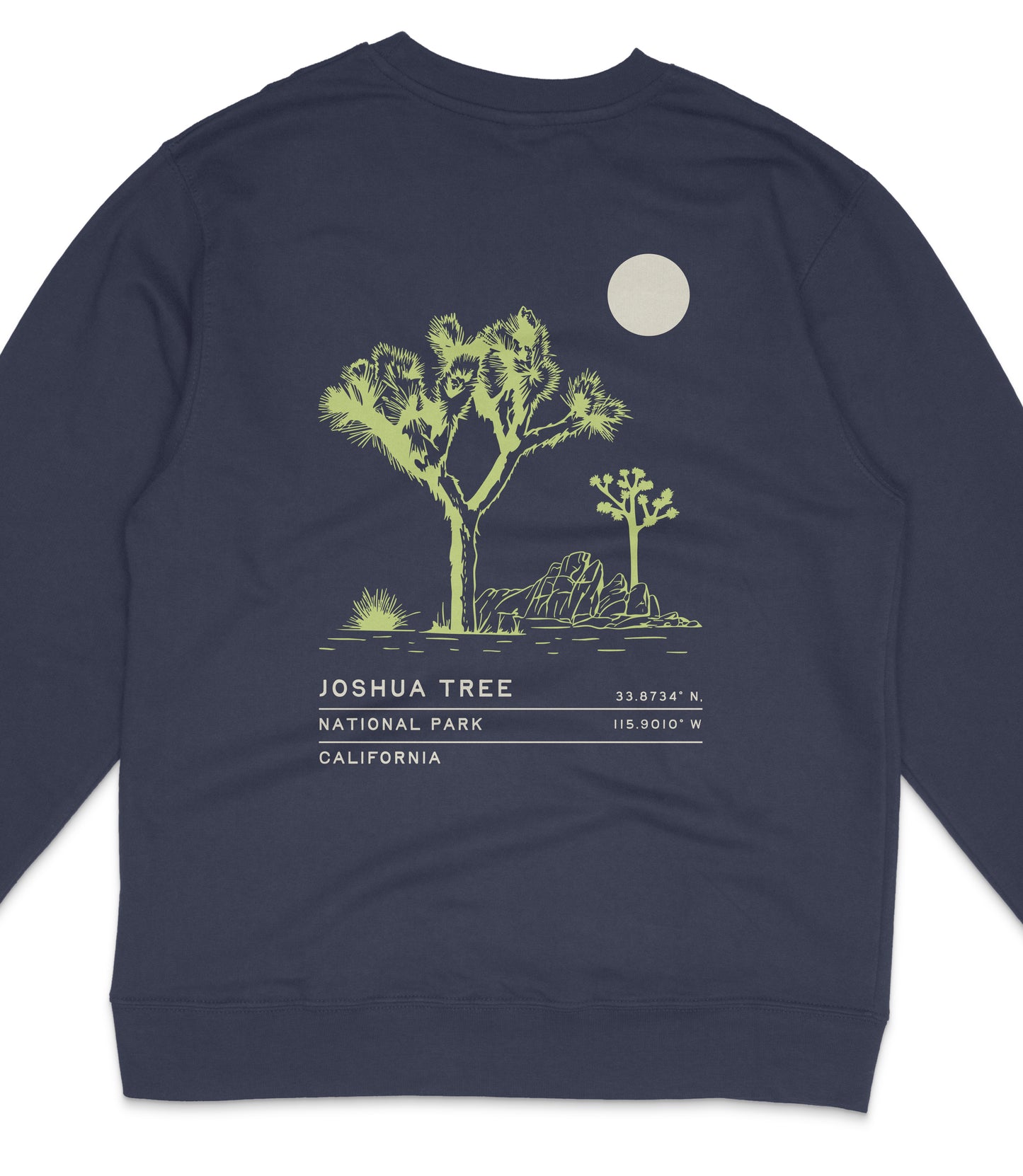A dark blue sweatshirt with a graphic design depicting a Joshua tree and a full moon.