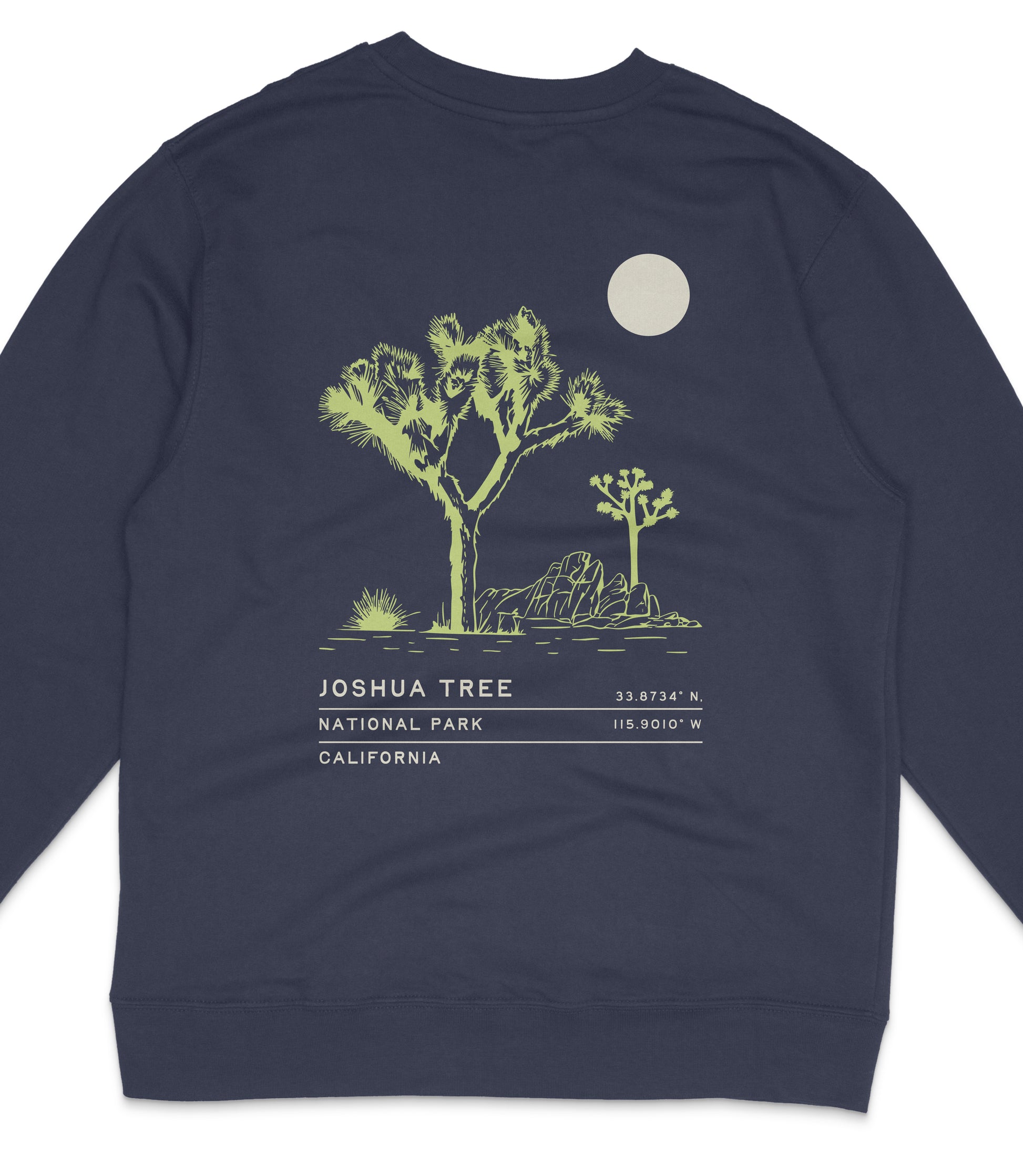 A dark blue sweatshirt with a graphic design depicting a Joshua tree and a full moon.