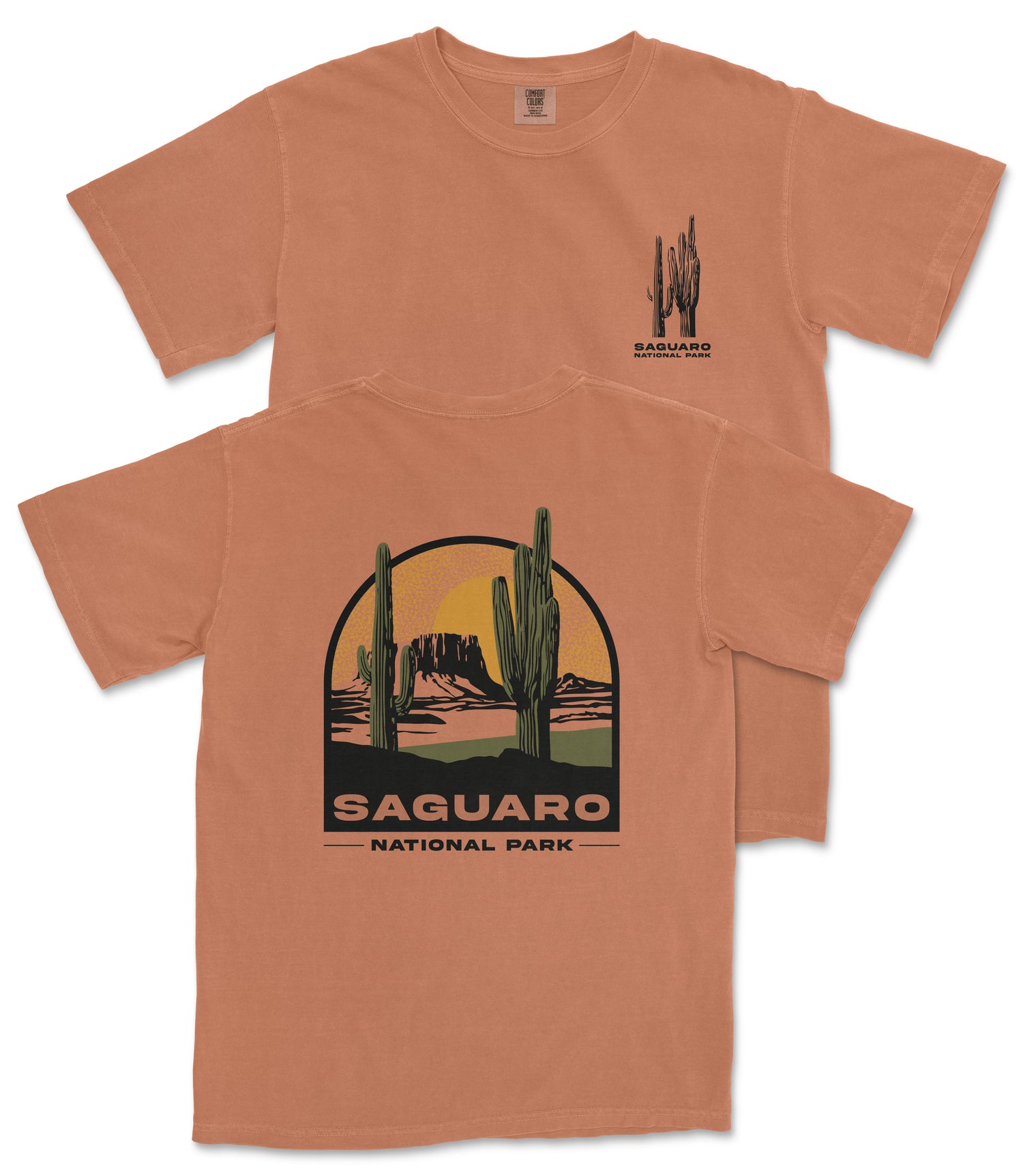 a t-shirt with a graphic design depicting a desert landscape with a cactus and mountains in the background, along with the text "Saguaro National Park".