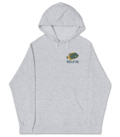 A gray hooded sweatshirt with a graphic of a fish on the left chest area.