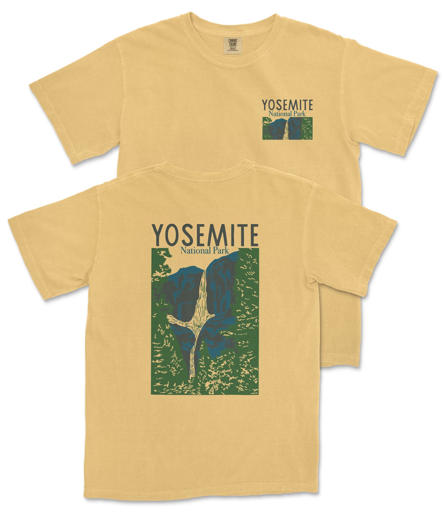 A yellow t-shirt with a graphic design depicting a scenic view of Yosemite National Park, featuring a waterfall and mountains.