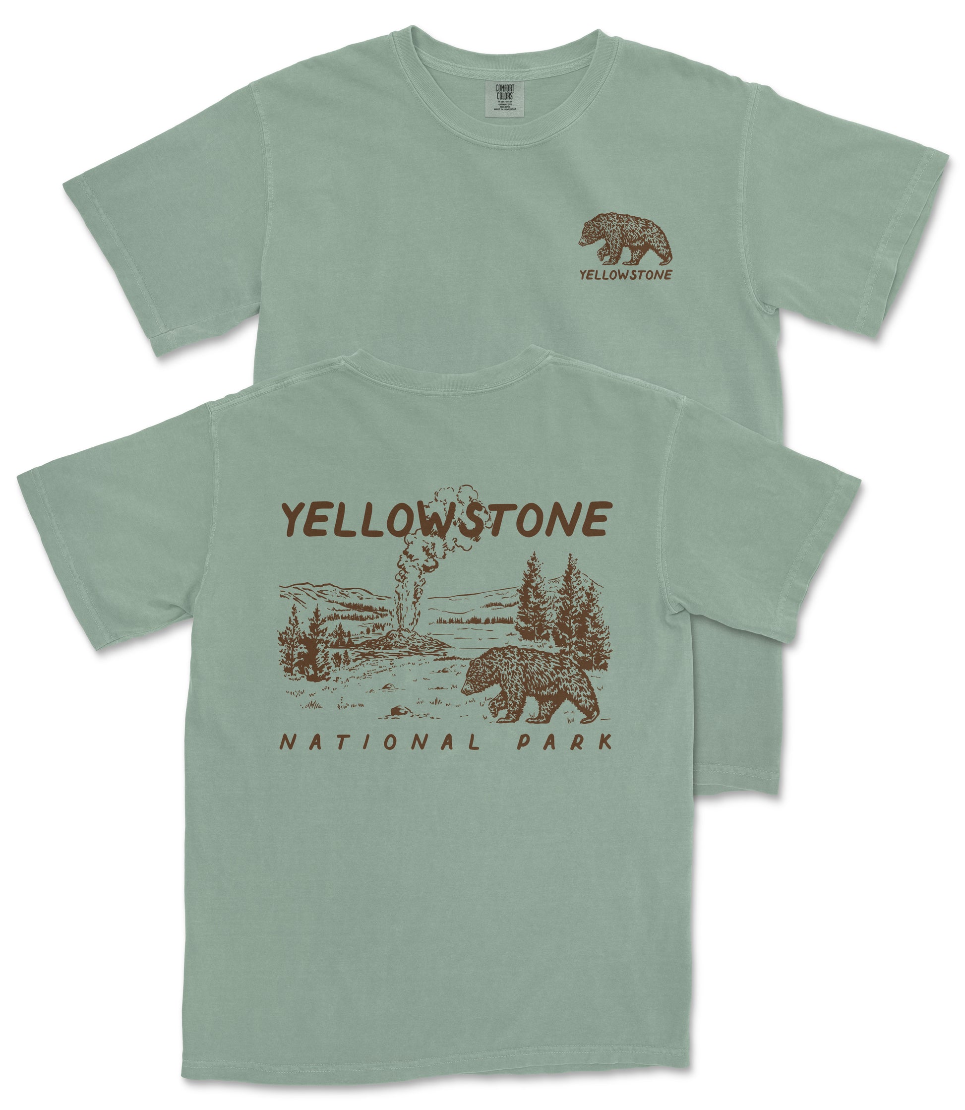 A green t-shirt with a graphic design depicting a bear and a landscape, along with the text "Yellowstone National Park" printed on it.