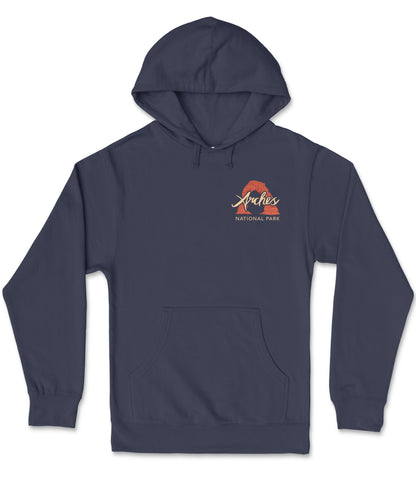 A navy blue hooded sweatshirt with a logo on the front.