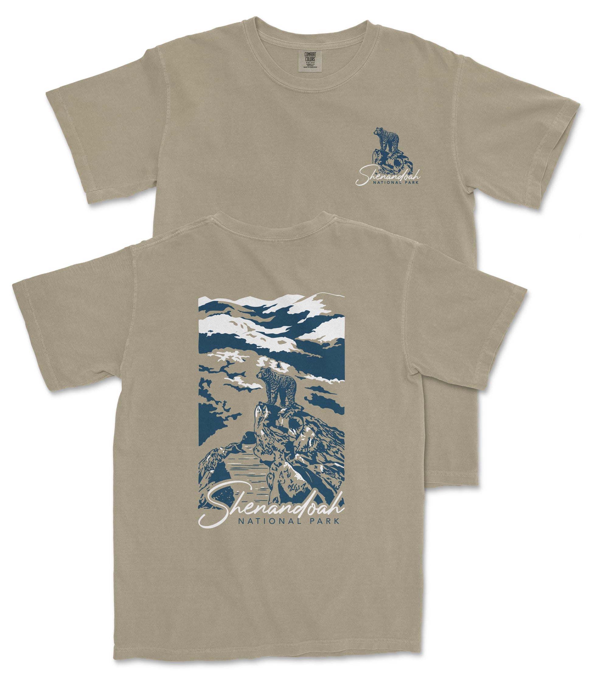 a beige t-shirt with a graphic design depicting a mountain landscape with a person standing on a rock. The text on the t-shirt reads "Sterling National Park".