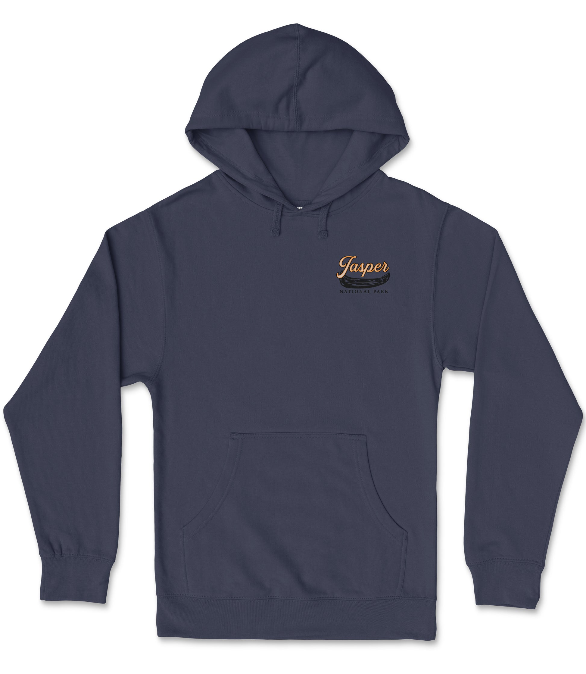 A navy blue hooded sweatshirt with a logo on the left side.