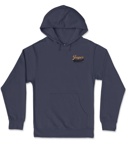 A navy blue hooded sweatshirt with a logo on the left side.