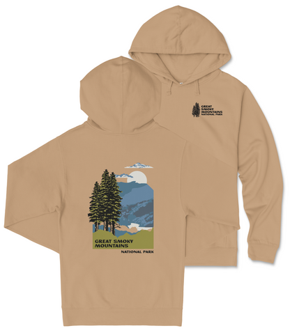 A beige hoodie with a graphic design depicting a mountain landscape and pine trees, along with text that reads "Great Smoky Mountains National Park".