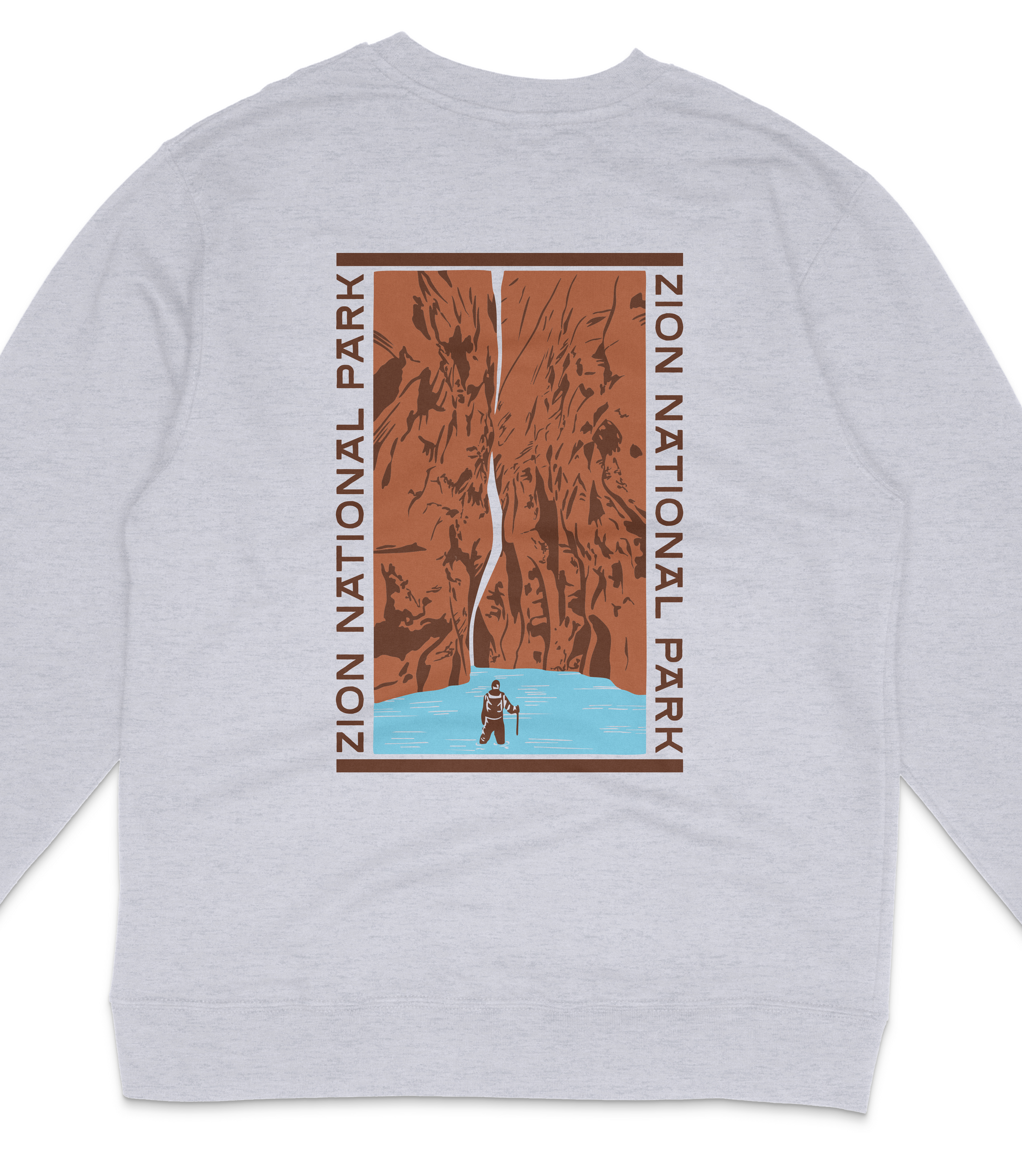 A gray sweatshirt with a graphic design depicting a person standing in front of a canyon with a waterfall.