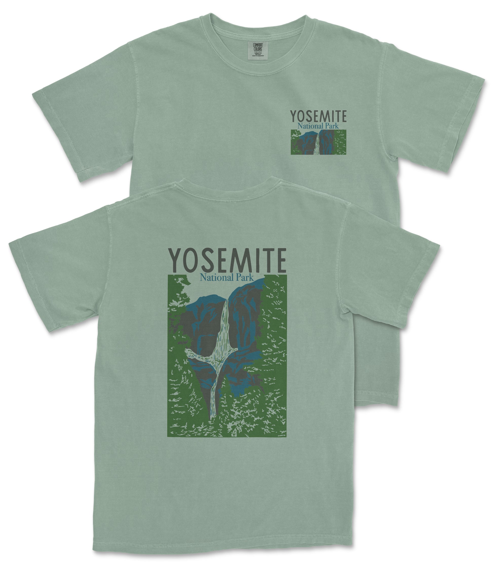A green t-shirt with a graphic design depicting a waterfall and the text "Yosemite National Park" printed on it.