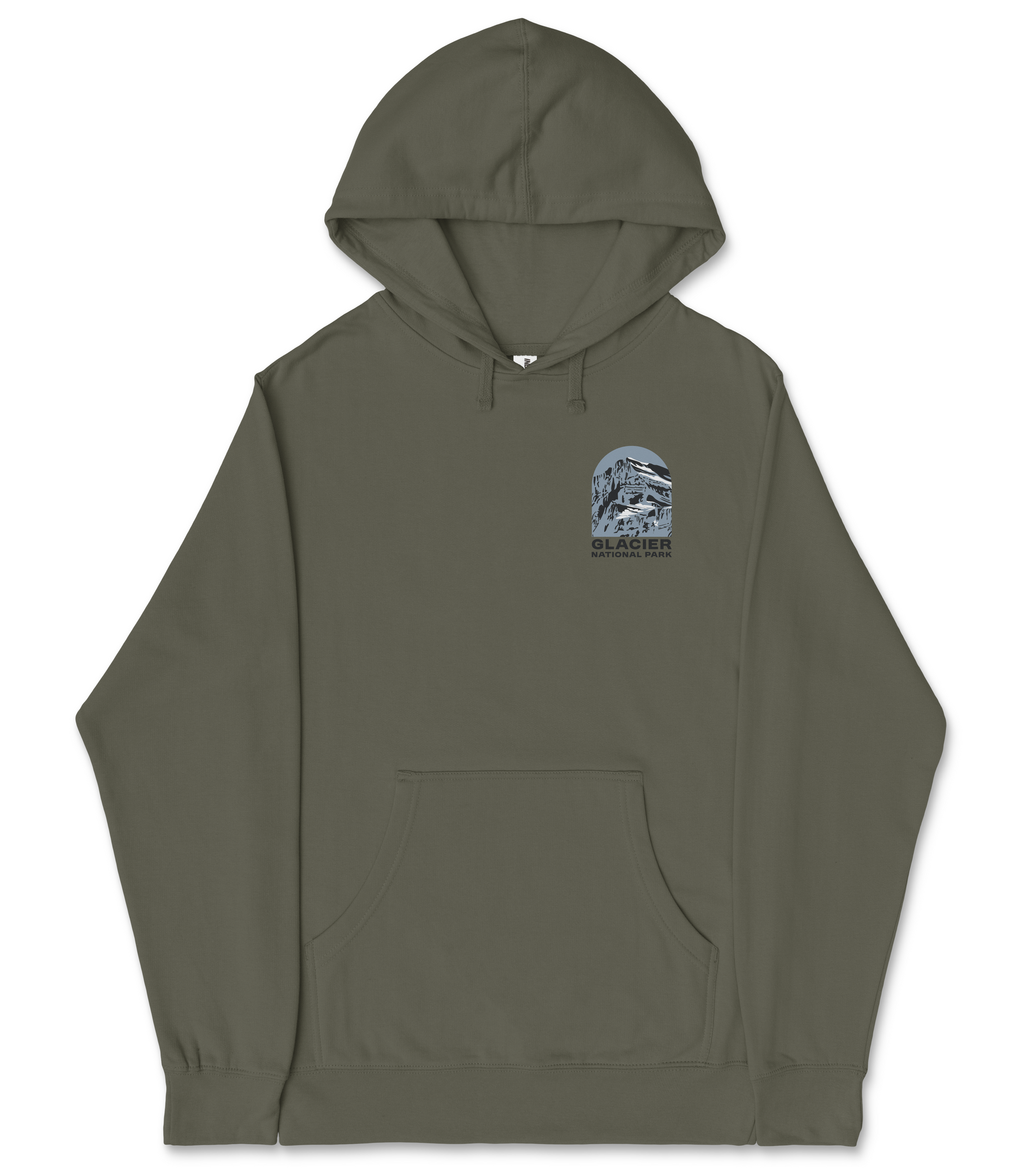 A dark green hoodie with a graphic design on the front pocket.