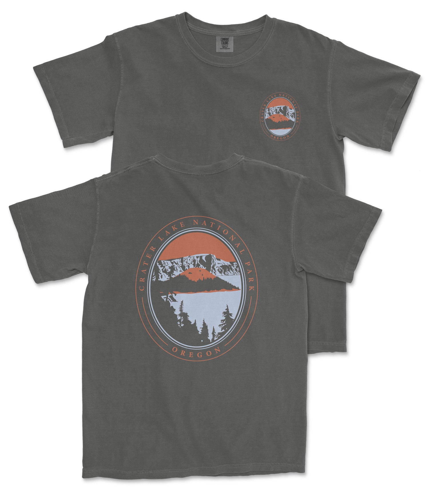 a gray t-shirt with a graphic design on the back, depicting a mountain landscape with a lake and trees.