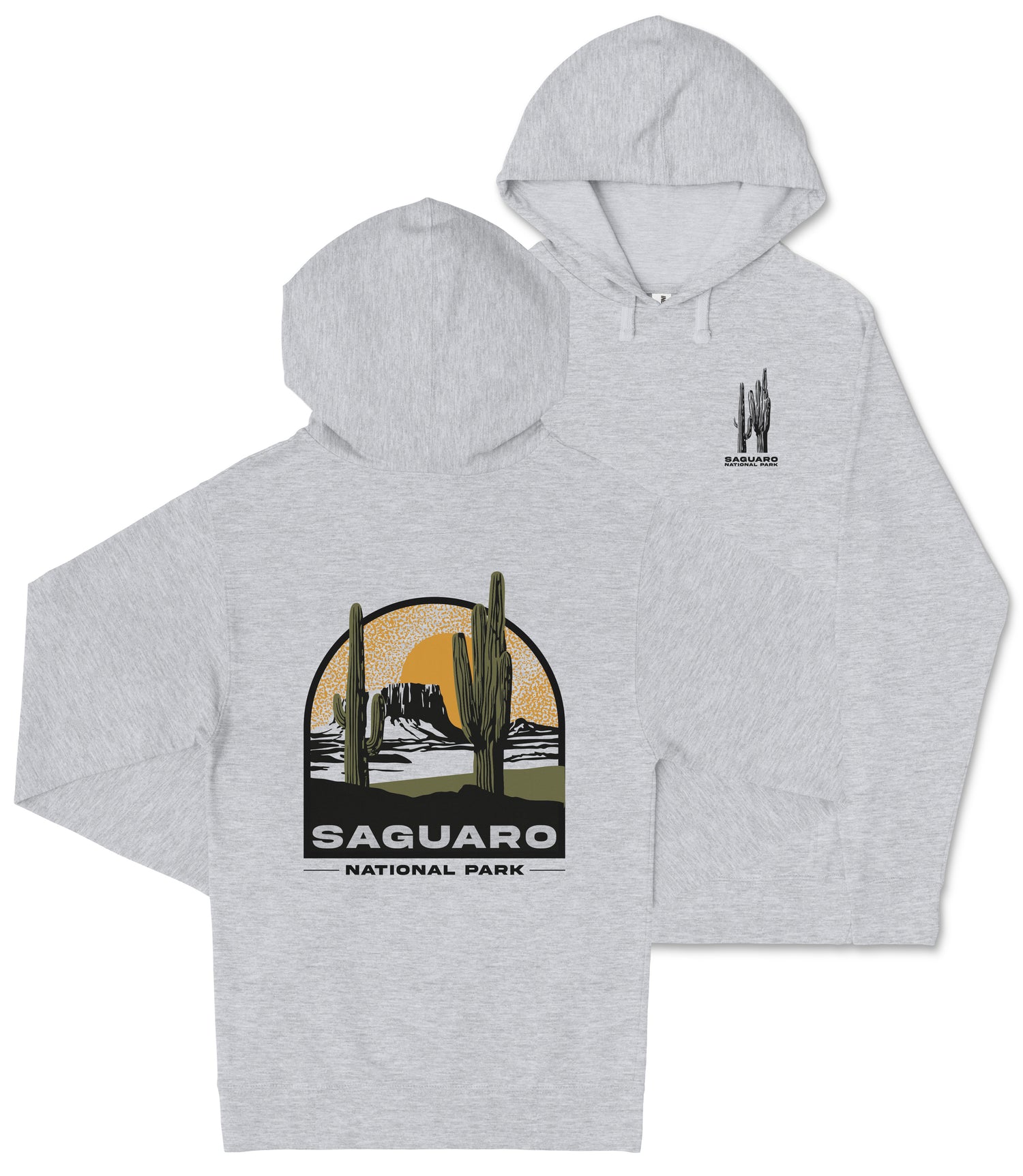 A grey hooded sweatshirt with a graphic design featuring a desert landscape with a cactus and mountains, along with the text "Saguaro National Park".