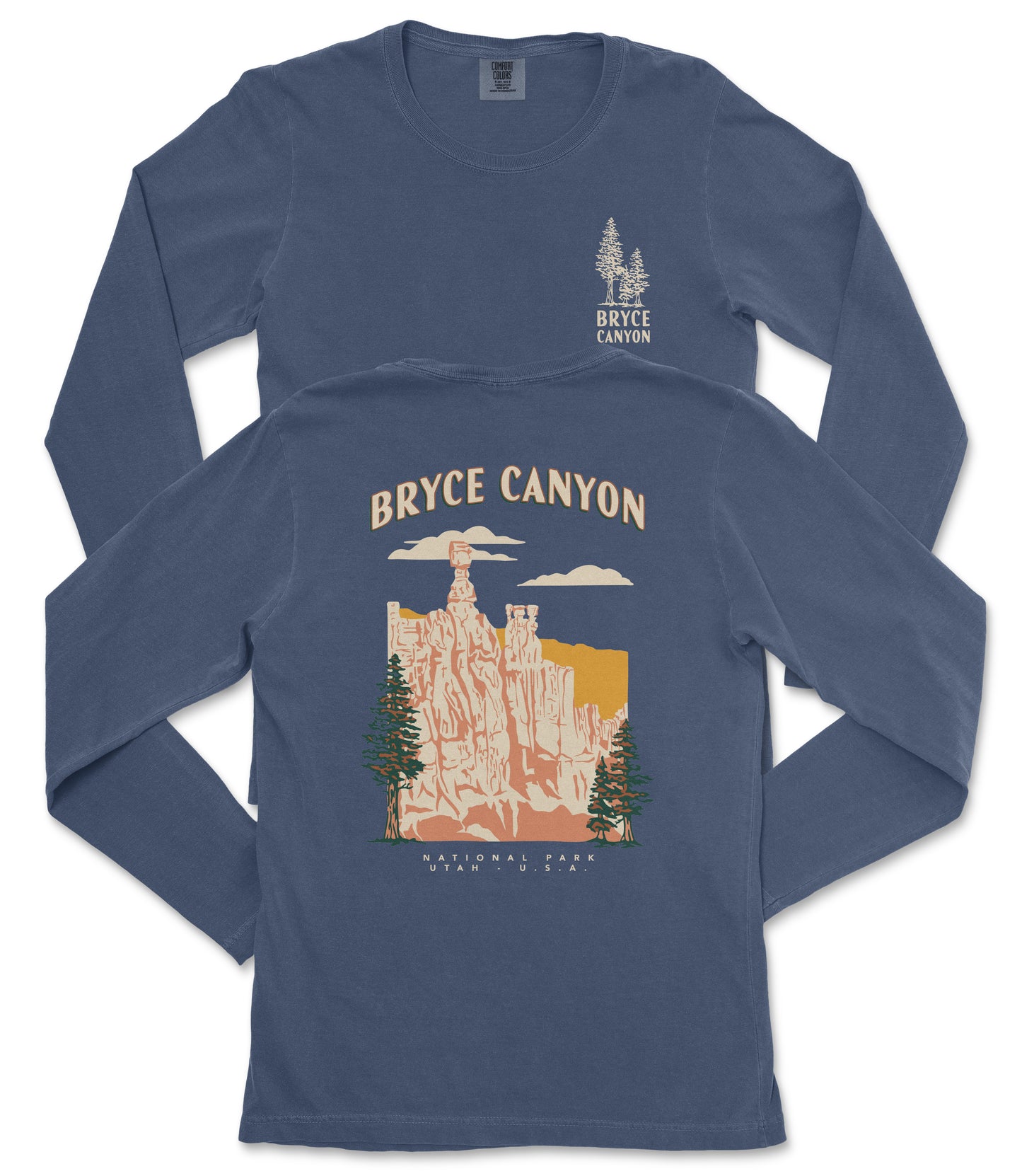 a blue long-sleeved t-shirt with a graphic design depicting Bryce Canyon National Park in the United States.
