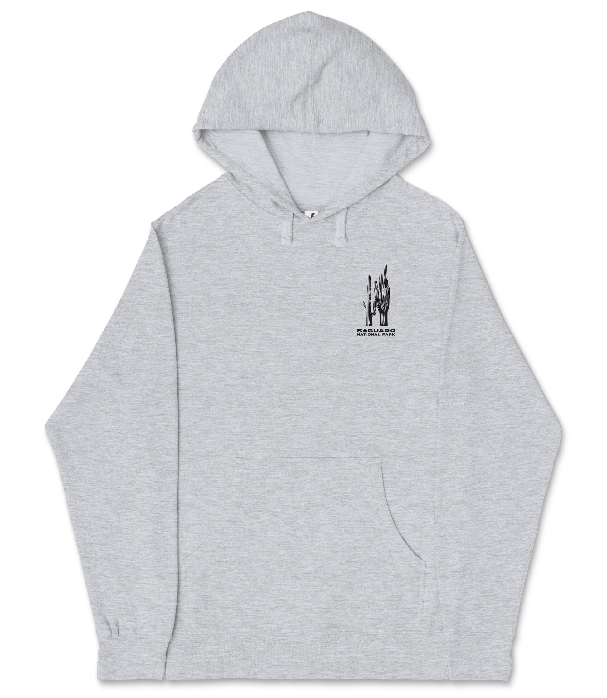 A gray hooded sweatshirt with a graphic design on the left side.