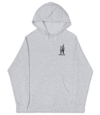 A gray hooded sweatshirt with a graphic design on the left side.