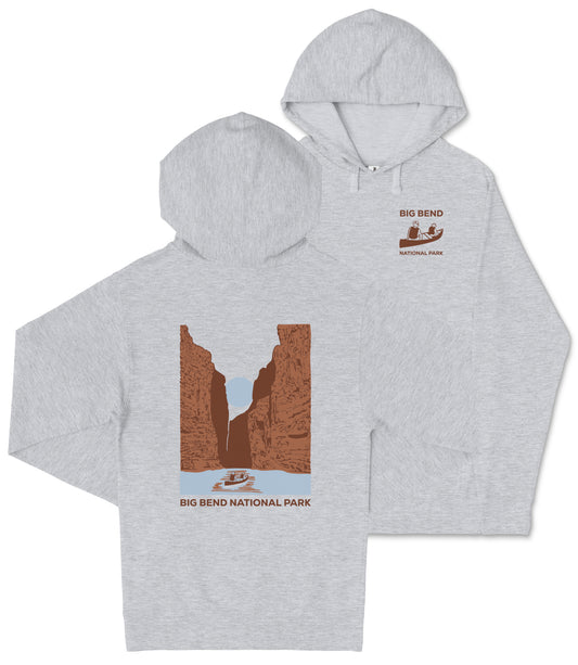 A grey hooded sweatshirt with a graphic design depicting a canyon and a boat on a river.