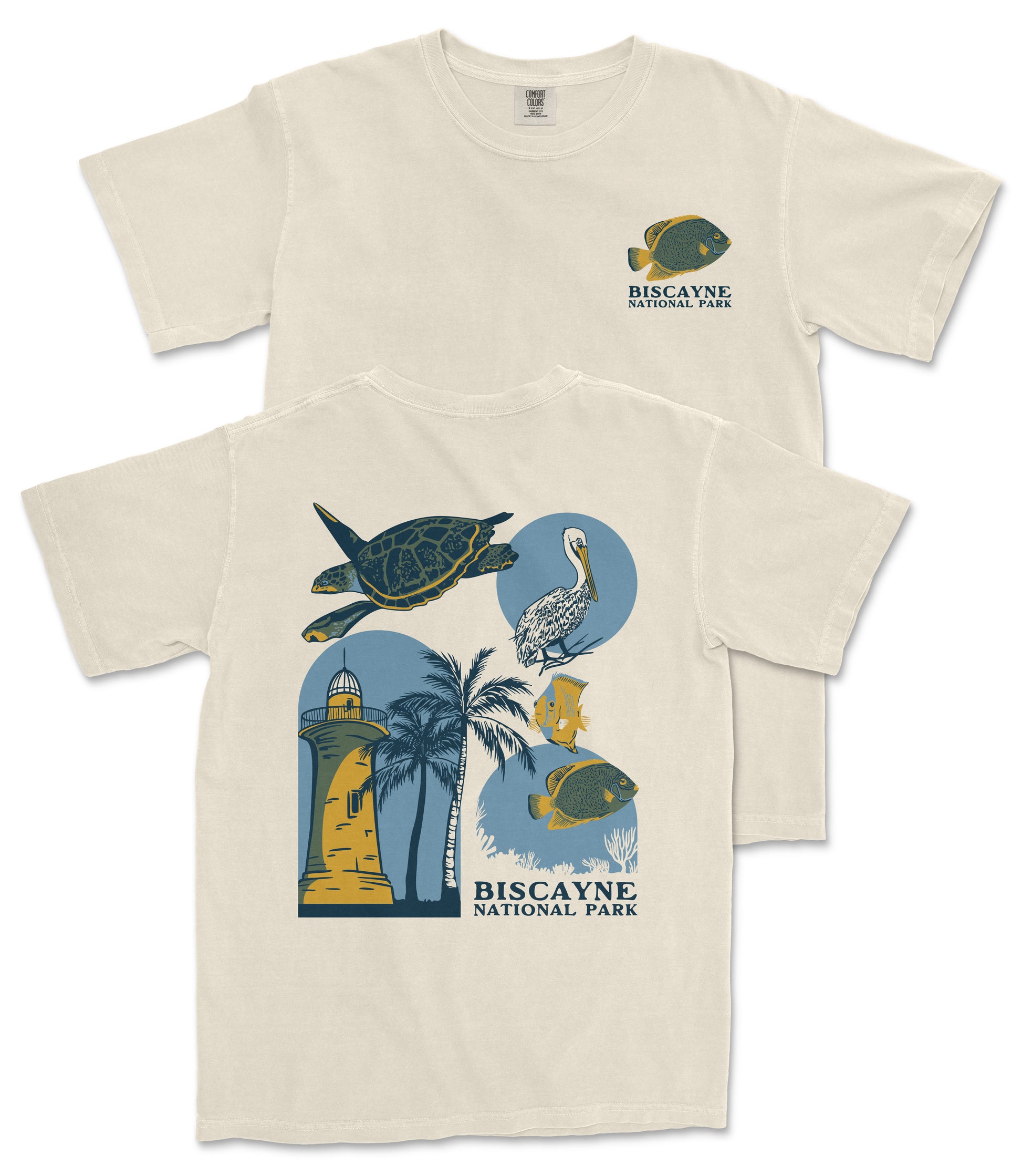 A white t-shirt with a graphic design depicting various elements associated with Biscayne National Park, including a lighthouse, palm trees, and marine life.