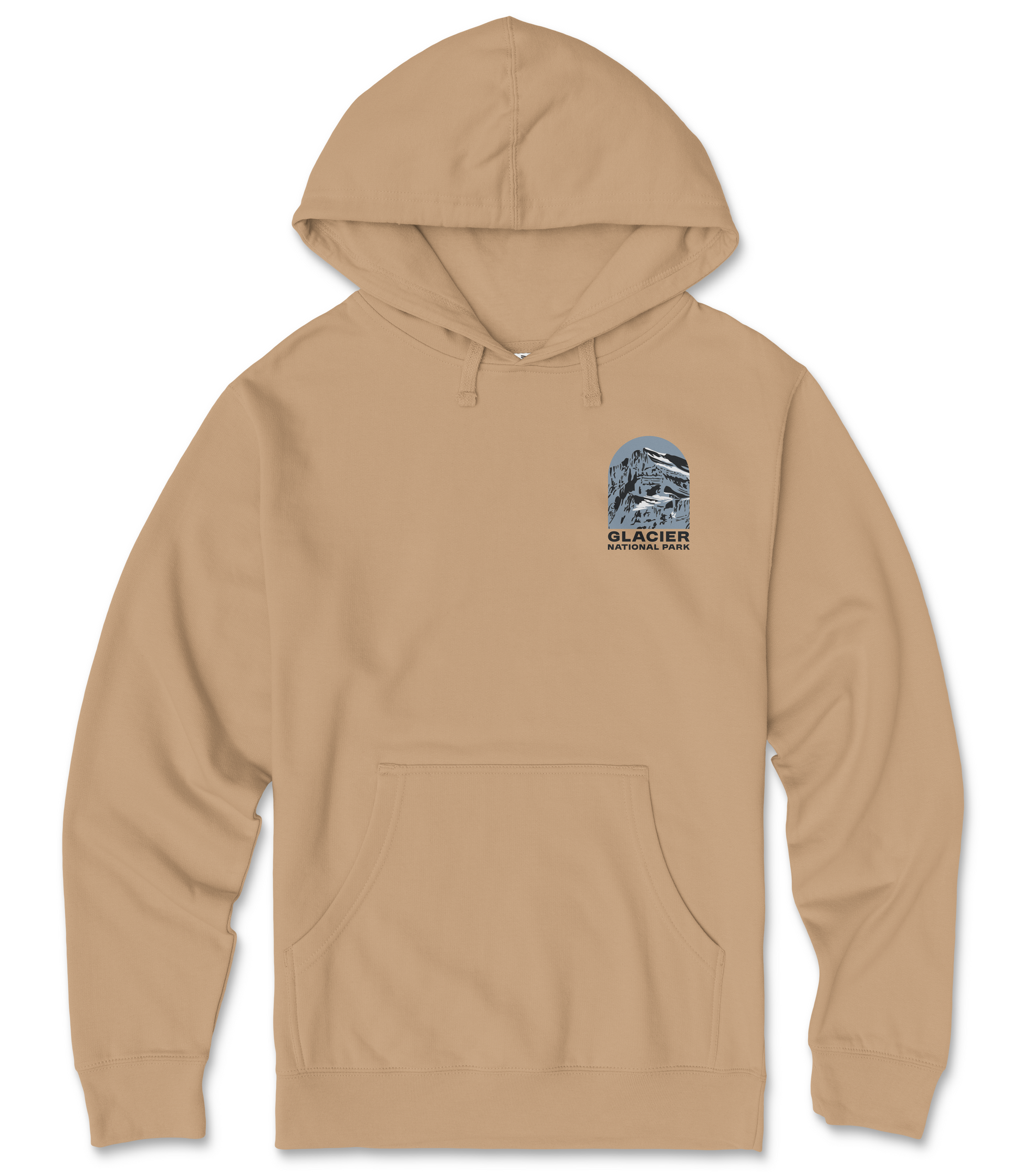 A beige hooded sweatshirt with a graphic design on the front pocket.