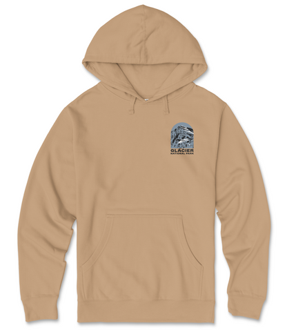 A beige hooded sweatshirt with a graphic design on the front pocket.