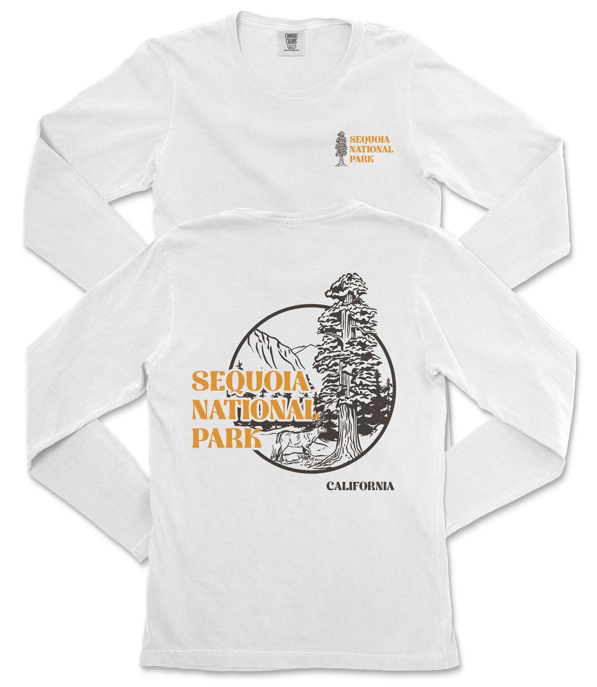 a white long-sleeved t-shirt with a graphic design and text related to Sequoia National Park in California.