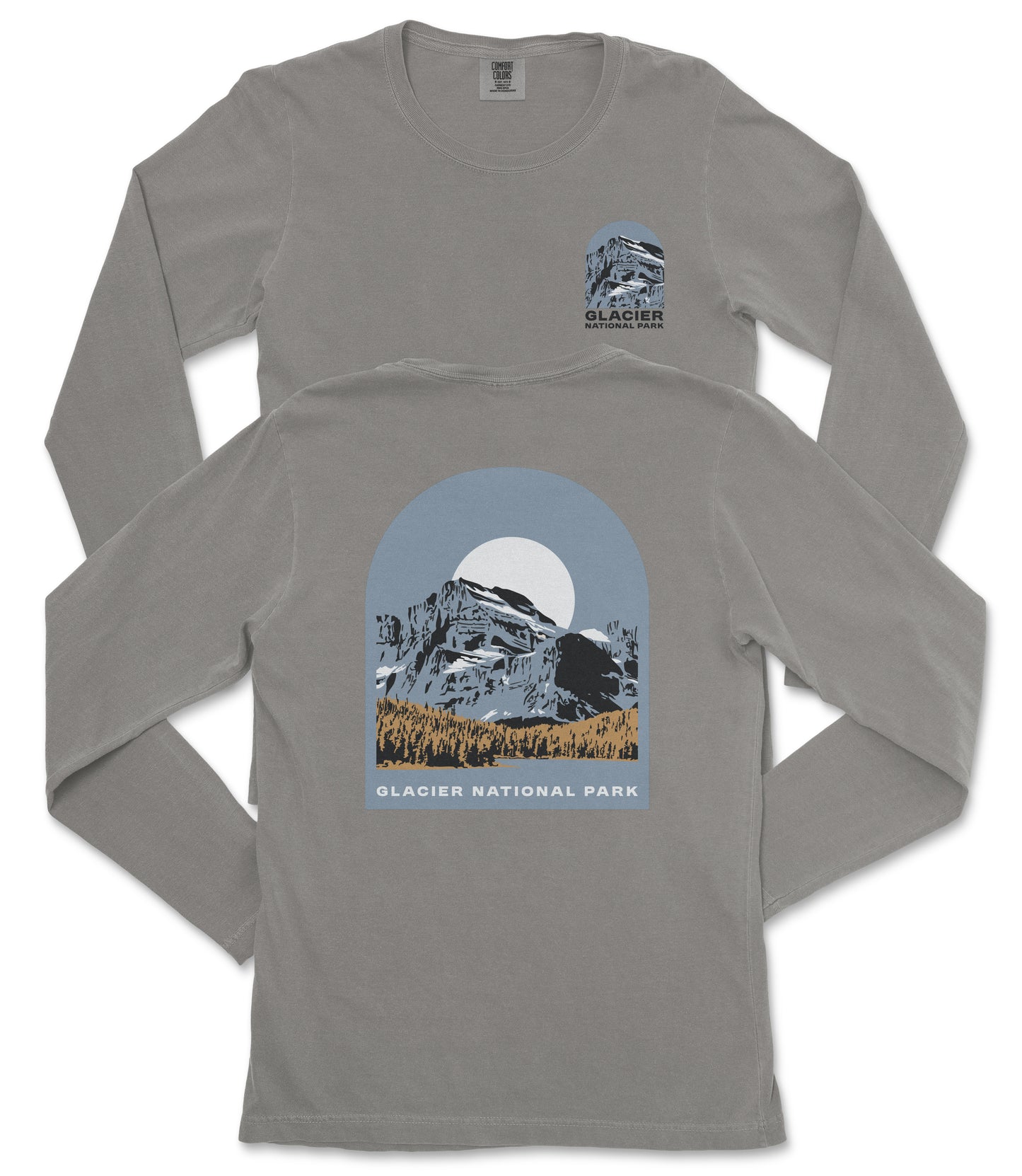 a gray long-sleeved t-shirt with a graphic design depicting a mountain landscape and a full moon.