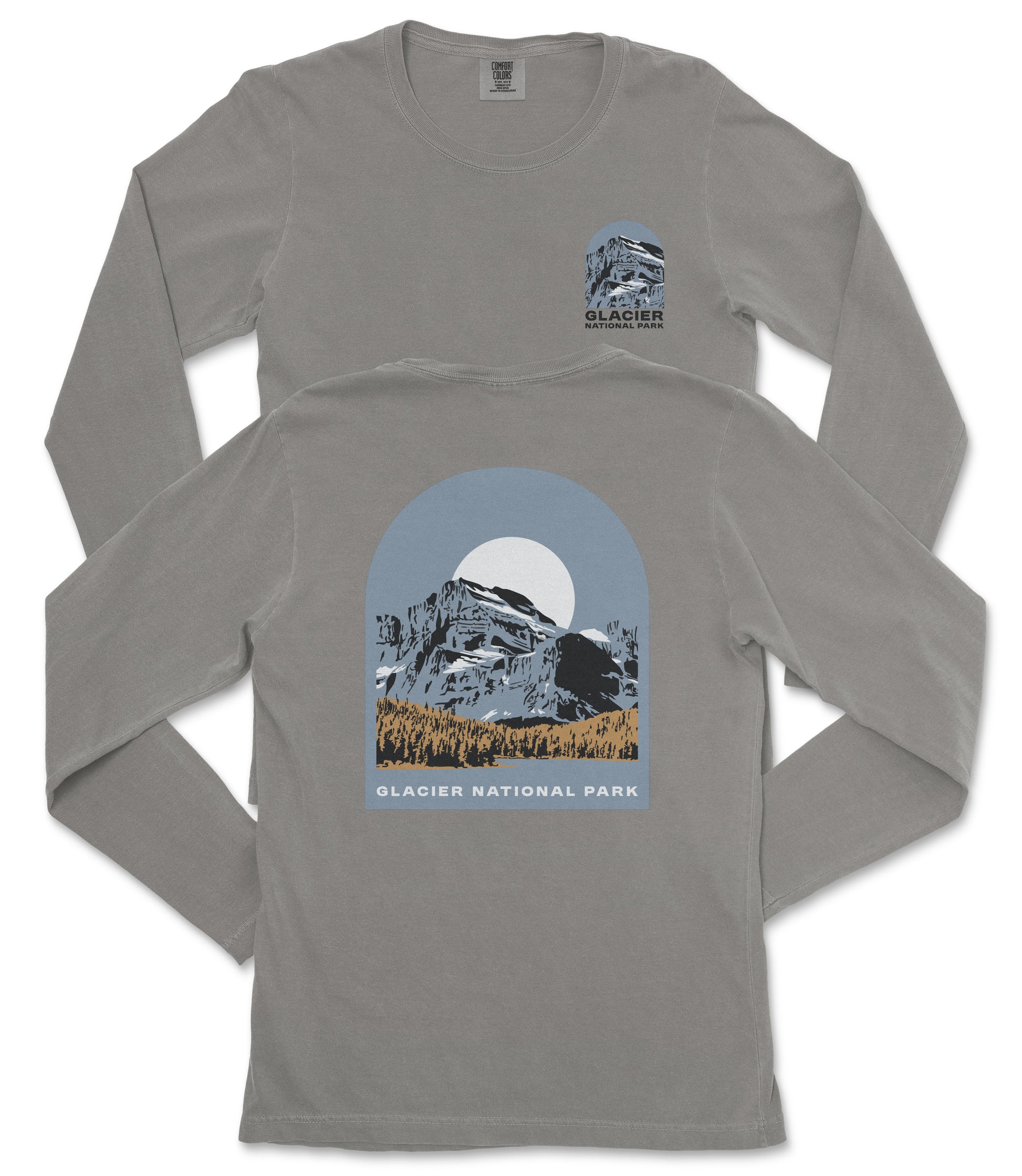 a gray long-sleeved t-shirt with a graphic design depicting a mountain landscape and a full moon.