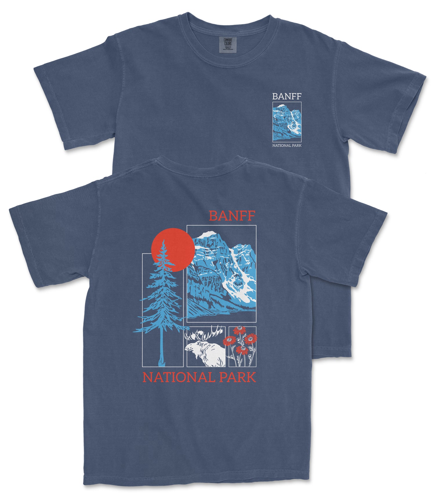 A dark blue t-shirt with a graphic design featuring a mountain landscape, a sun, and various wildlife elements. The text on the t-shirt reads "BANFF NATIONAL PARK".