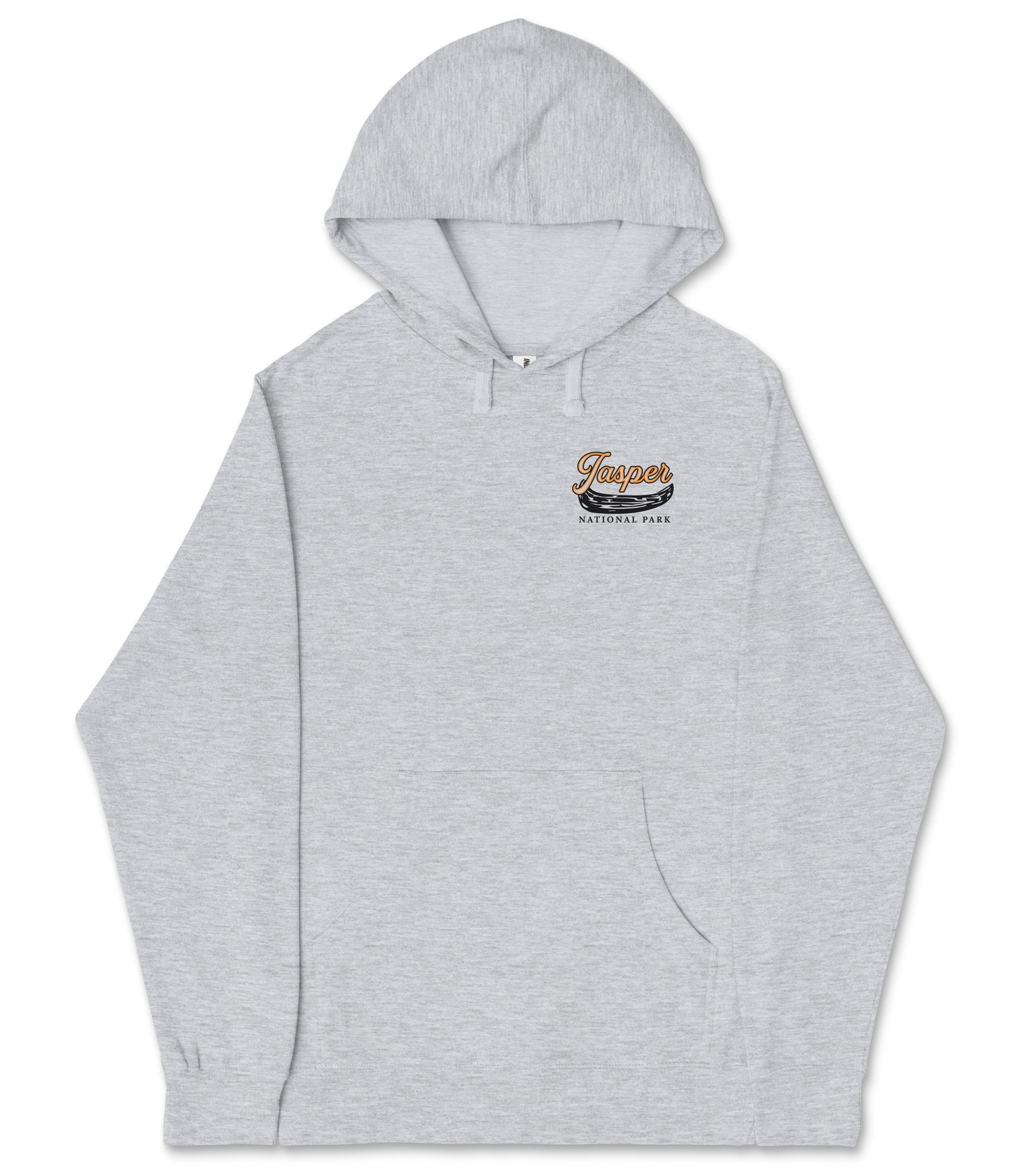 A gray hooded sweatshirt with a logo on the left side.
