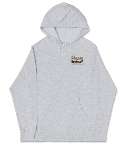 A gray hooded sweatshirt with a logo on the left side.