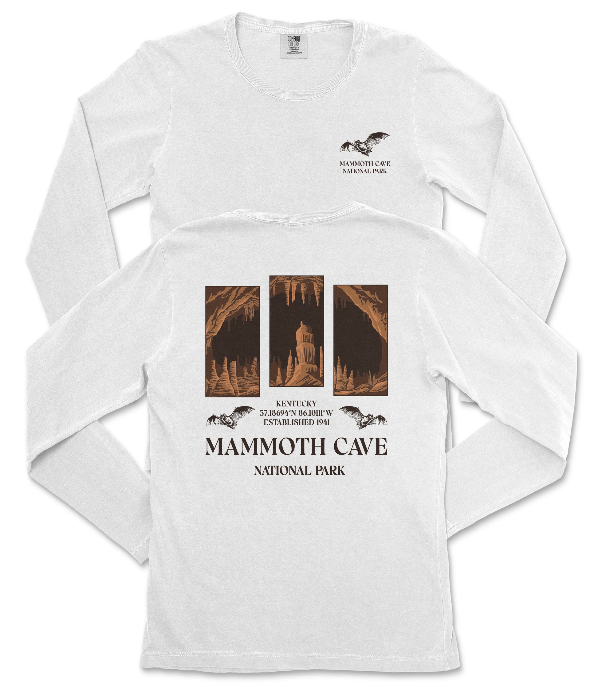 a white long-sleeved t-shirt with a graphic design and text printed on it.