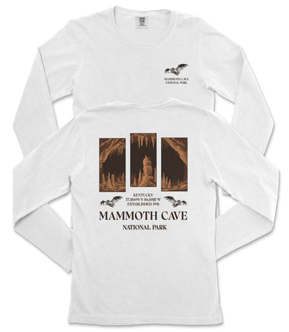 a white long-sleeved t-shirt with a graphic design and text printed on it.