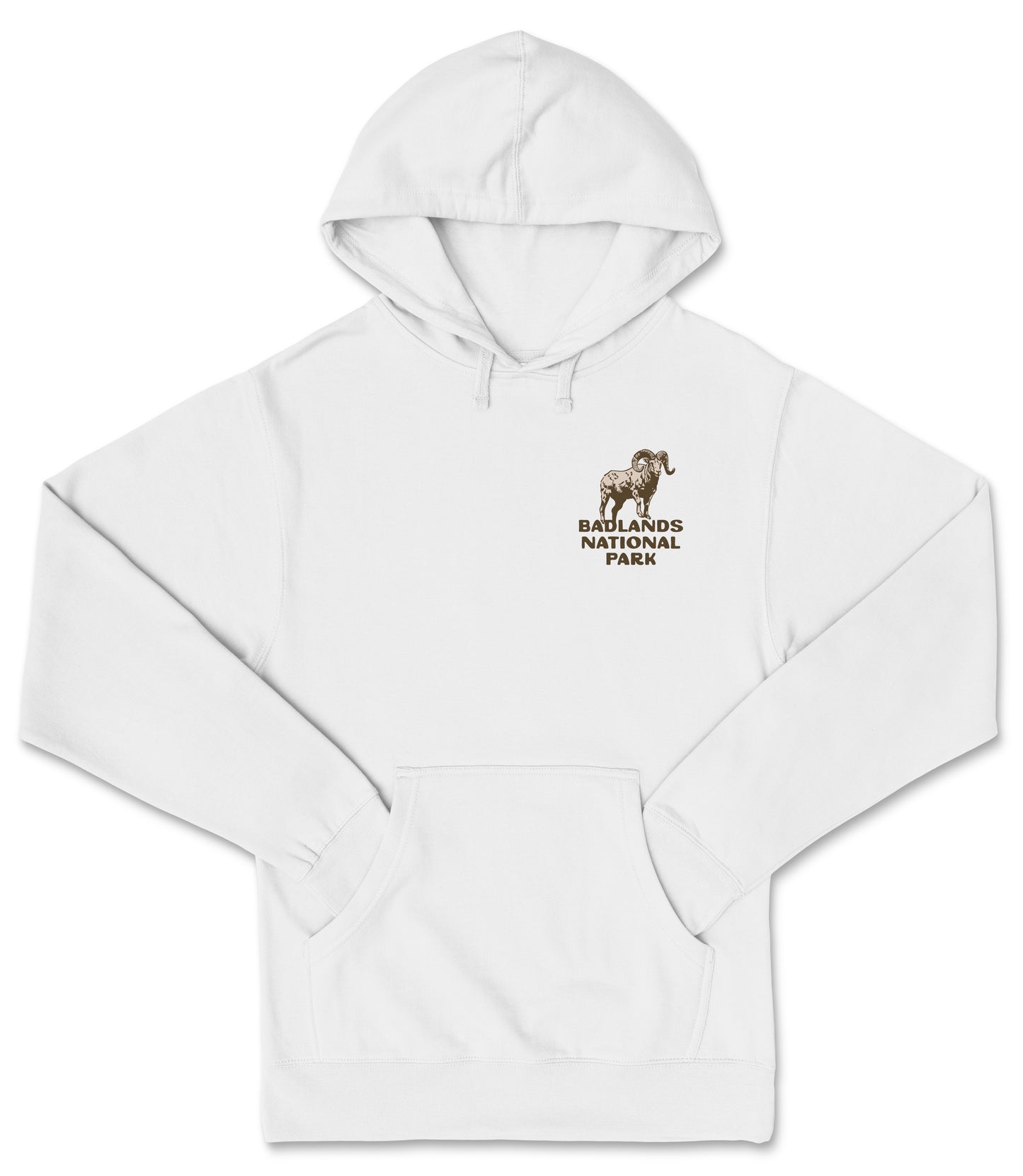 A white hooded sweatshirt with a graphic of a mountain goat on the left chest area.