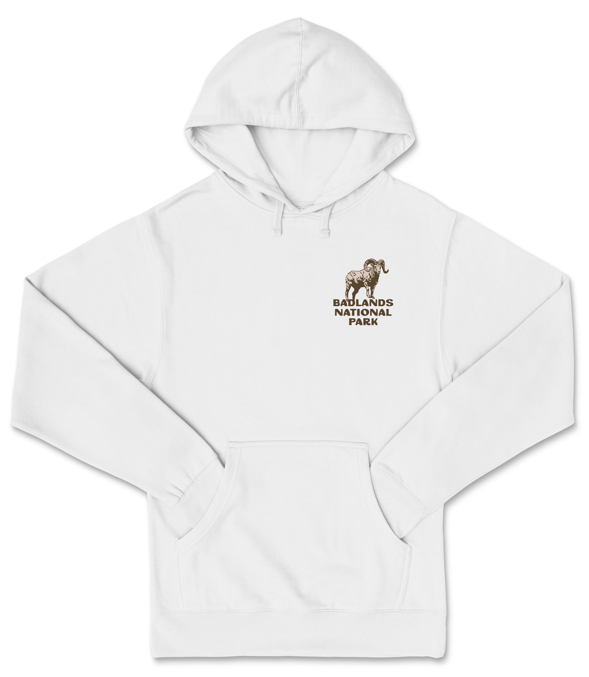 A white hooded sweatshirt with a graphic of a mountain goat on the left chest area.