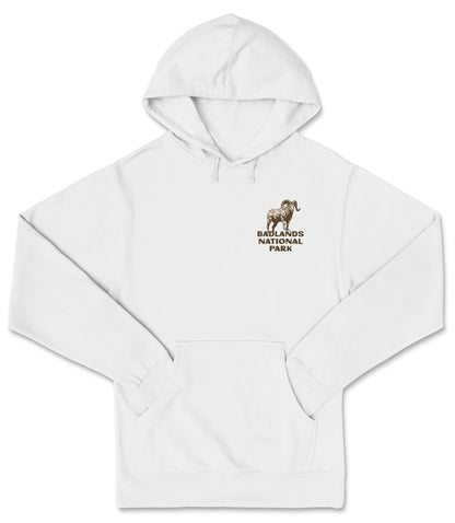A white hooded sweatshirt with a graphic of a mountain goat on the left chest area.