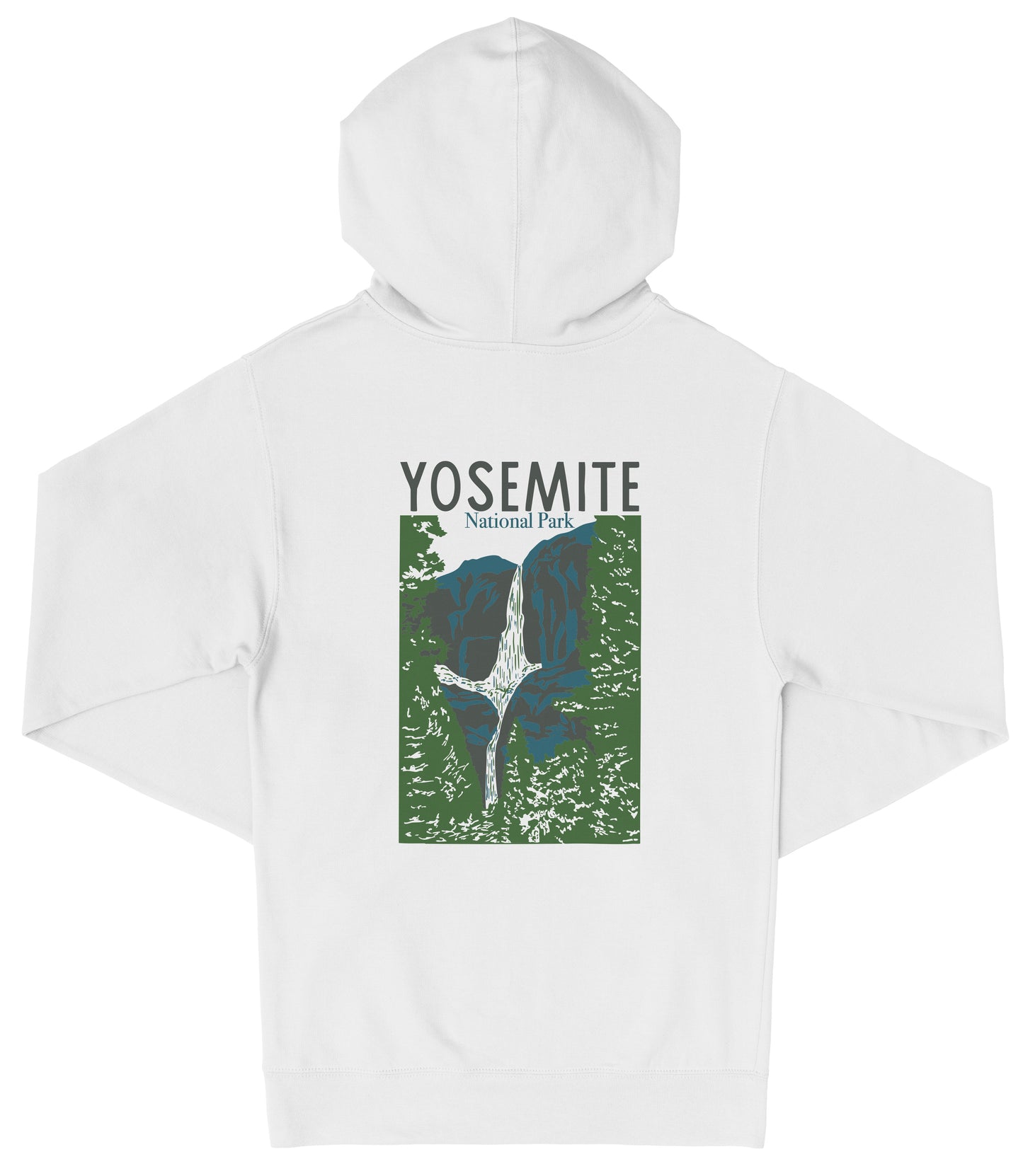 A white hooded sweatshirt with a graphic design featuring a mountain range and the text "YOSEMITE National Park" printed on it.