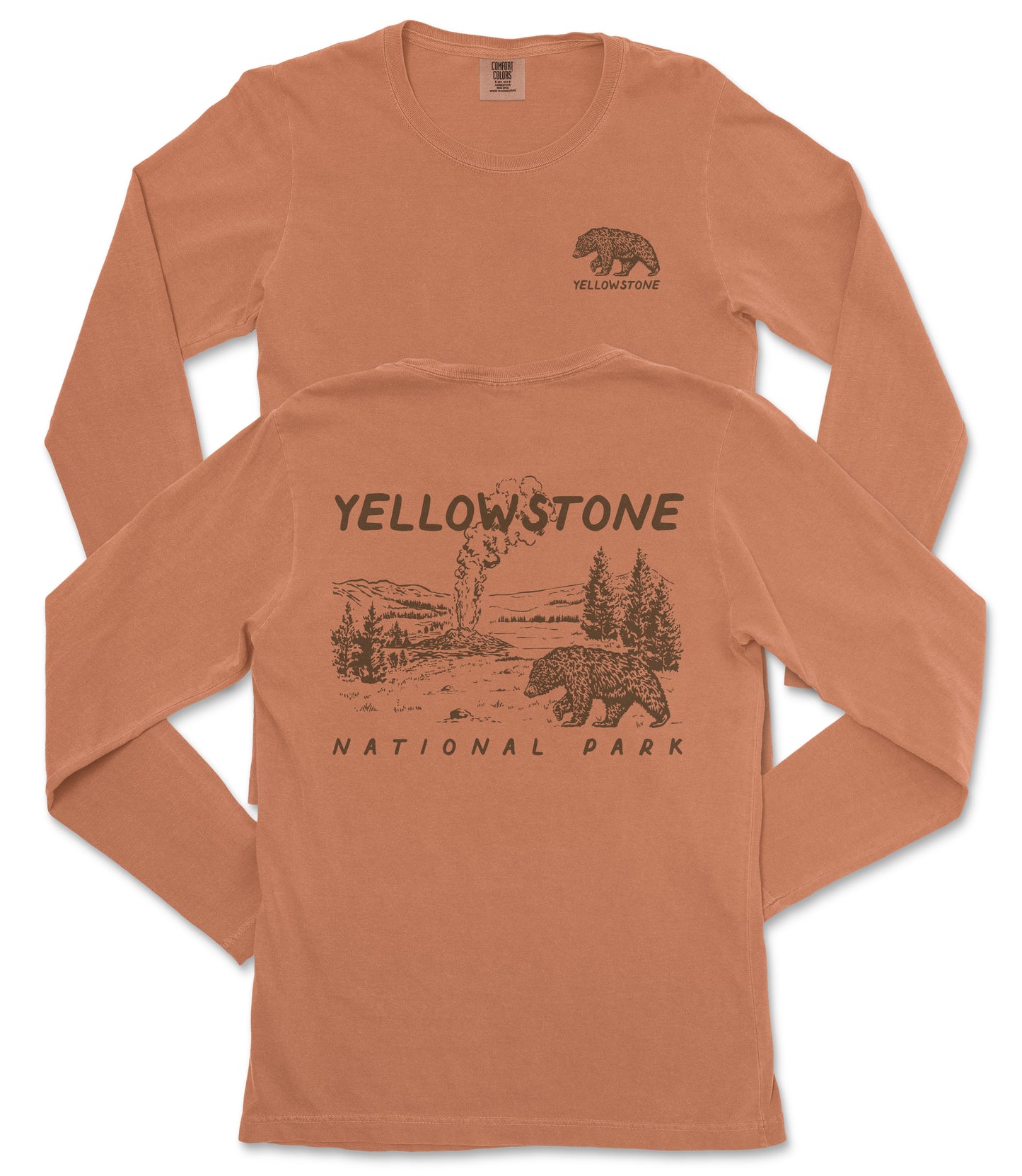 a long-sleeved orange t-shirt with a graphic design depicting a bear and a landscape, along with the text "Yellowstone National Park" printed on the back.