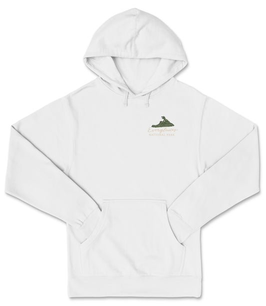 A white hoodie with a graphic design on the front.