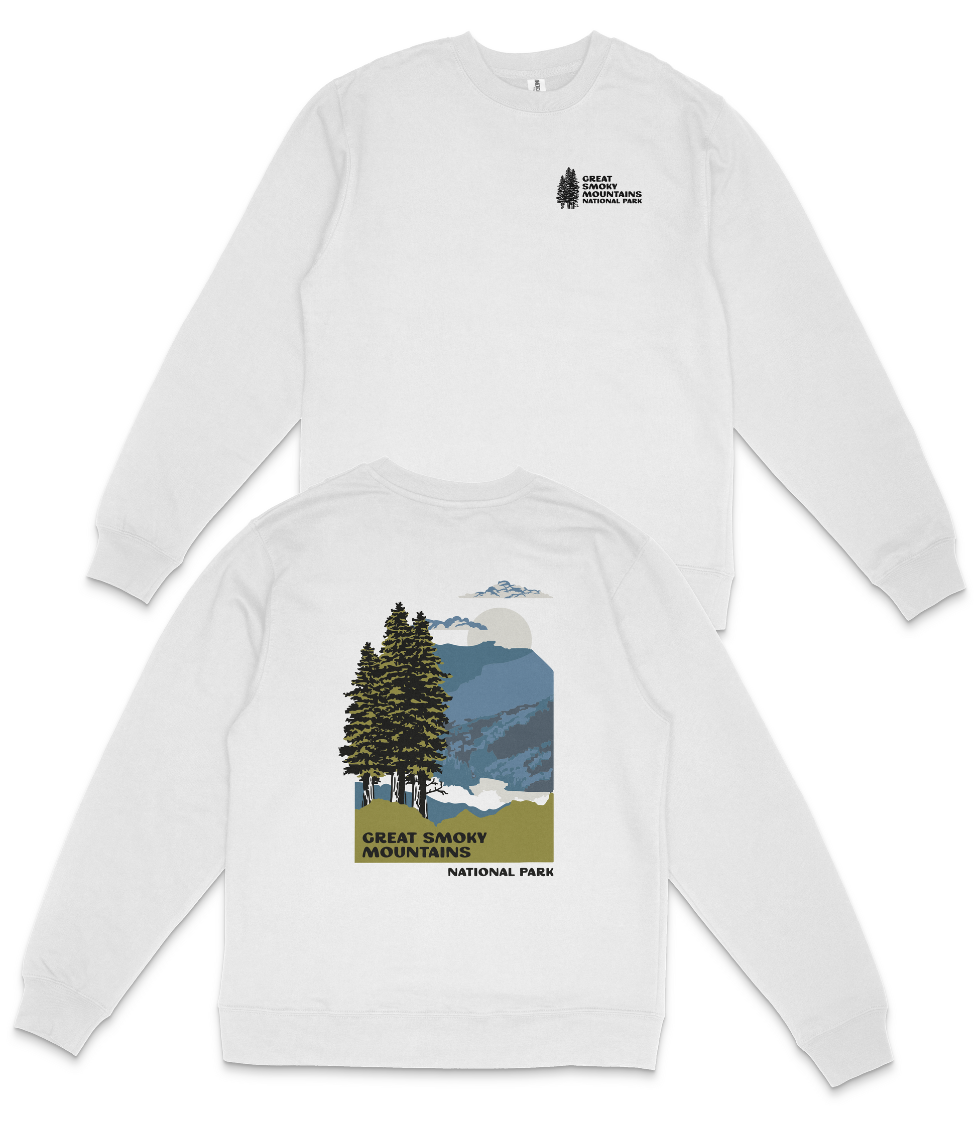 A white long-sleeved sweatshirt with a graphic design depicting a mountain landscape and trees, along with text that reads "Great Smoky Mountains National Park".