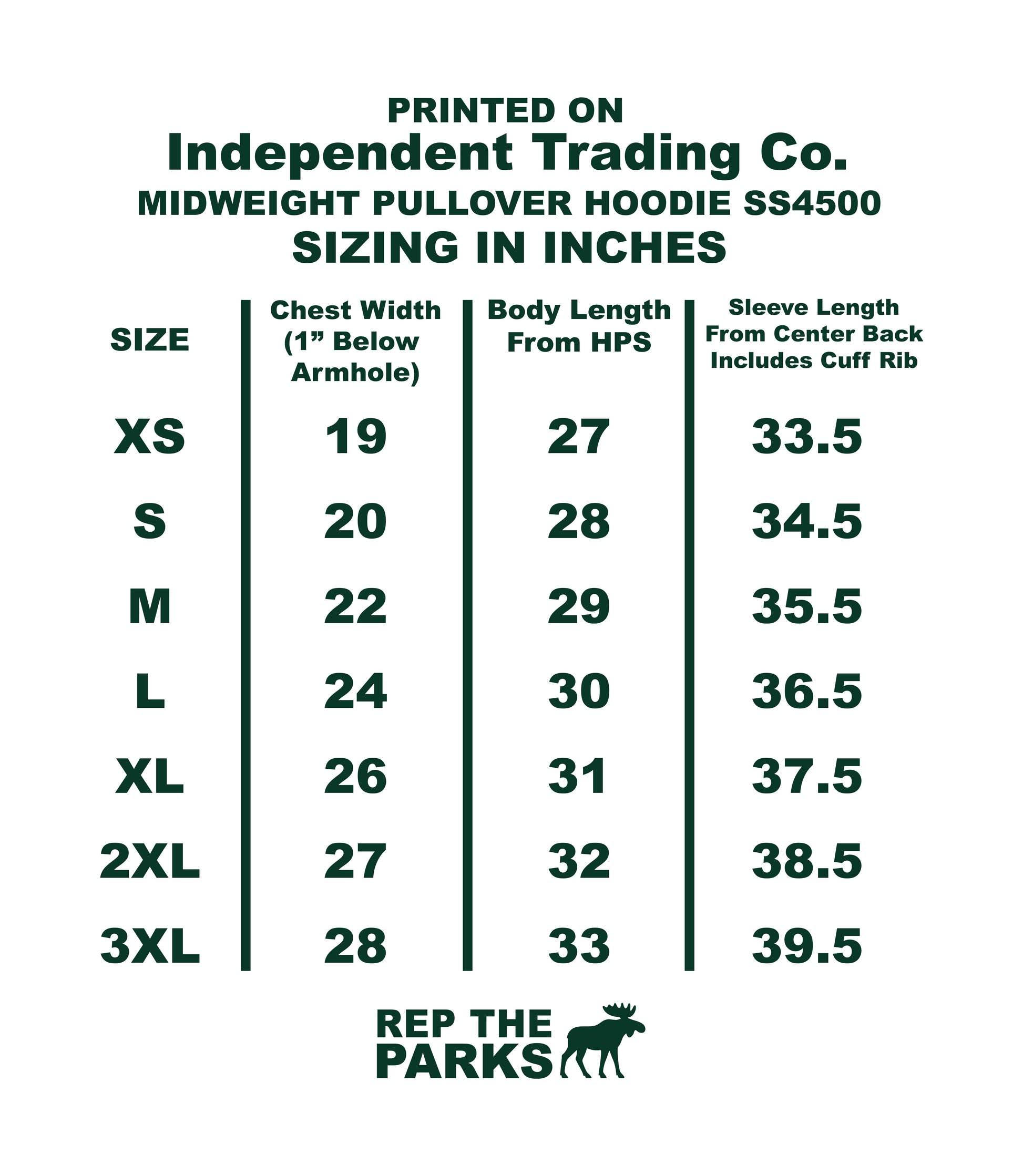 The image is a printed size chart for a midweight pullover hoodie, providing measurements in inches for different sizes.