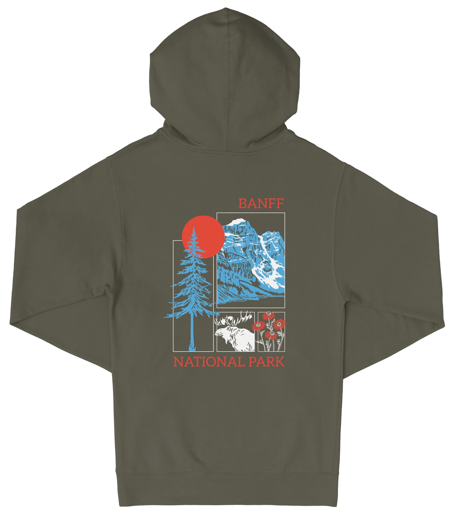 A dark green hooded sweatshirt with a graphic design featuring a mountain landscape, a tree, and a sun. The text "BANFF NATIONAL PARK" is printed on the back of the sweatshirt.