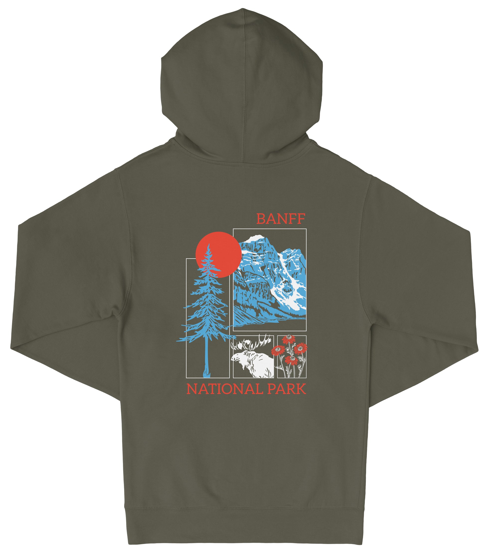 A dark green hooded sweatshirt with a graphic design featuring a mountain landscape, a tree, and a sun. The text "BANFF NATIONAL PARK" is printed on the back of the sweatshirt.
