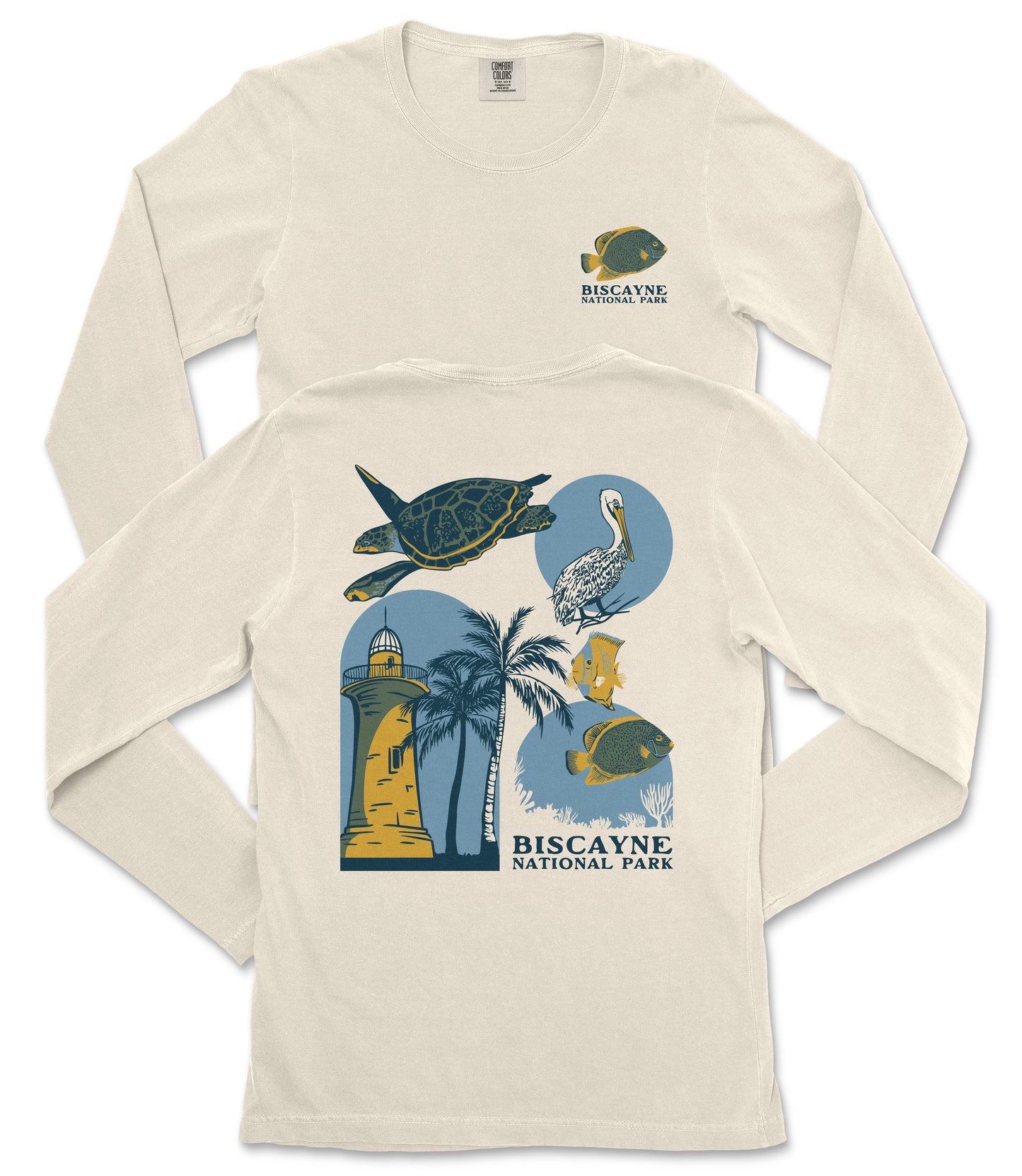 a white long-sleeved t-shirt with a graphic design depicting various marine life and landmarks, including a lighthouse, a turtle, a bird, and a palm tree.