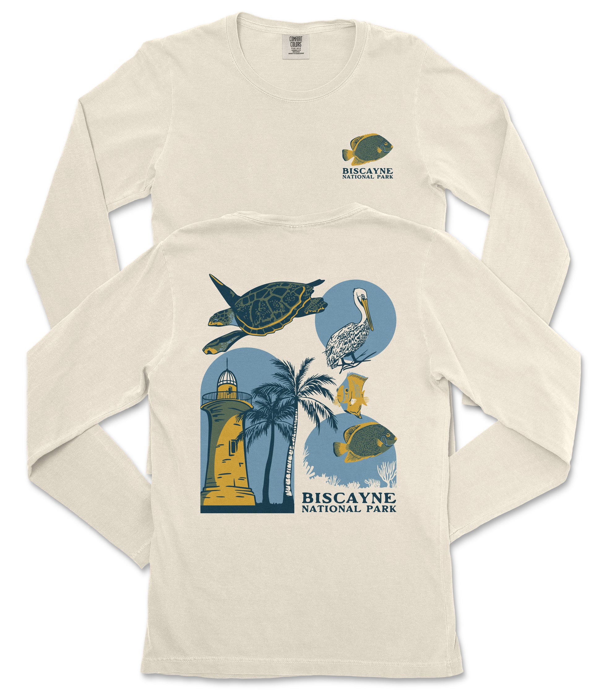 a white long-sleeved t-shirt with a graphic design depicting various marine life and landmarks, including a lighthouse, a turtle, a bird, and a palm tree.