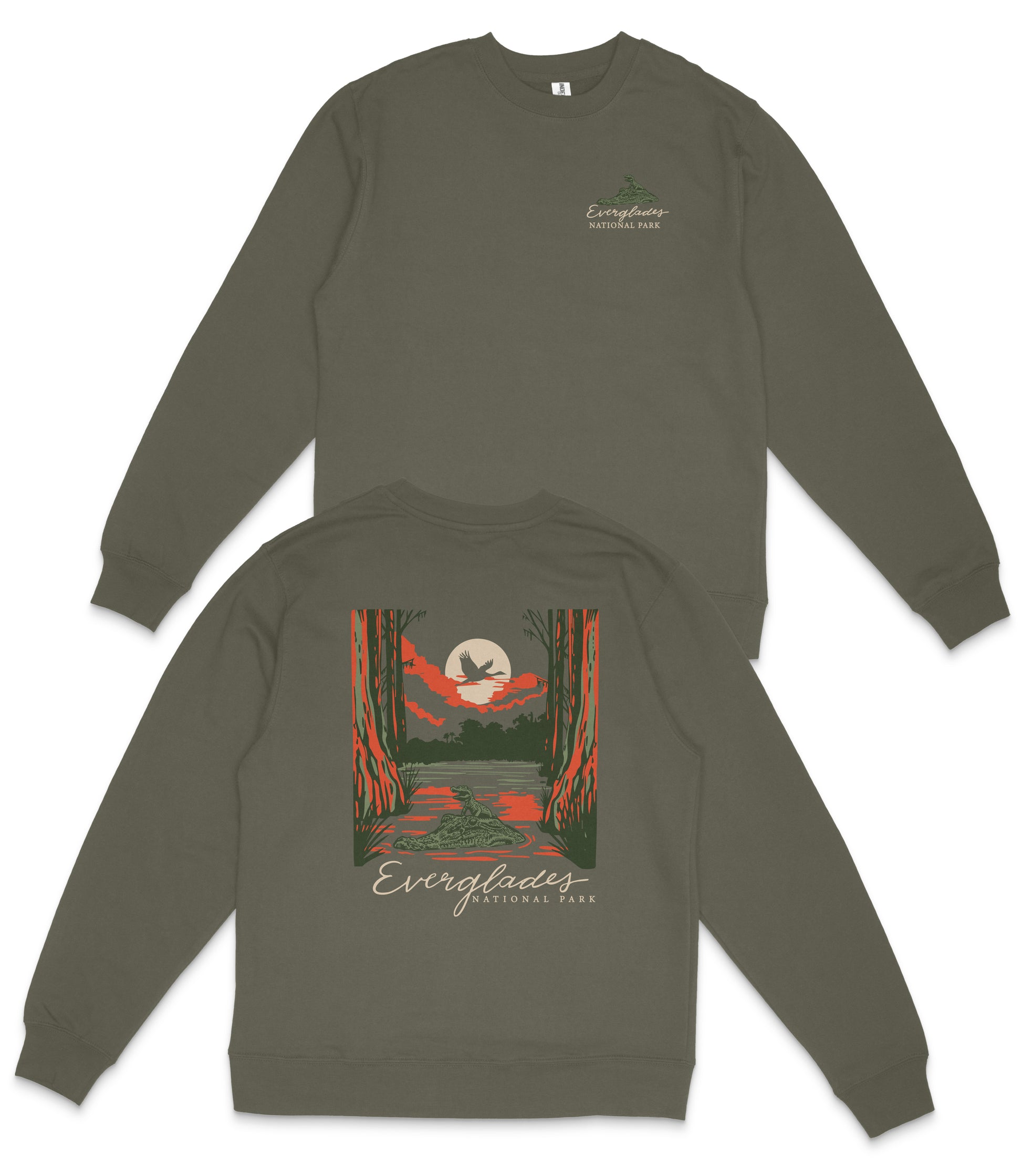 a gray sweatshirt with a graphic design on the back, depicting a scenic landscape with a lake, trees, and a bird flying over the water.