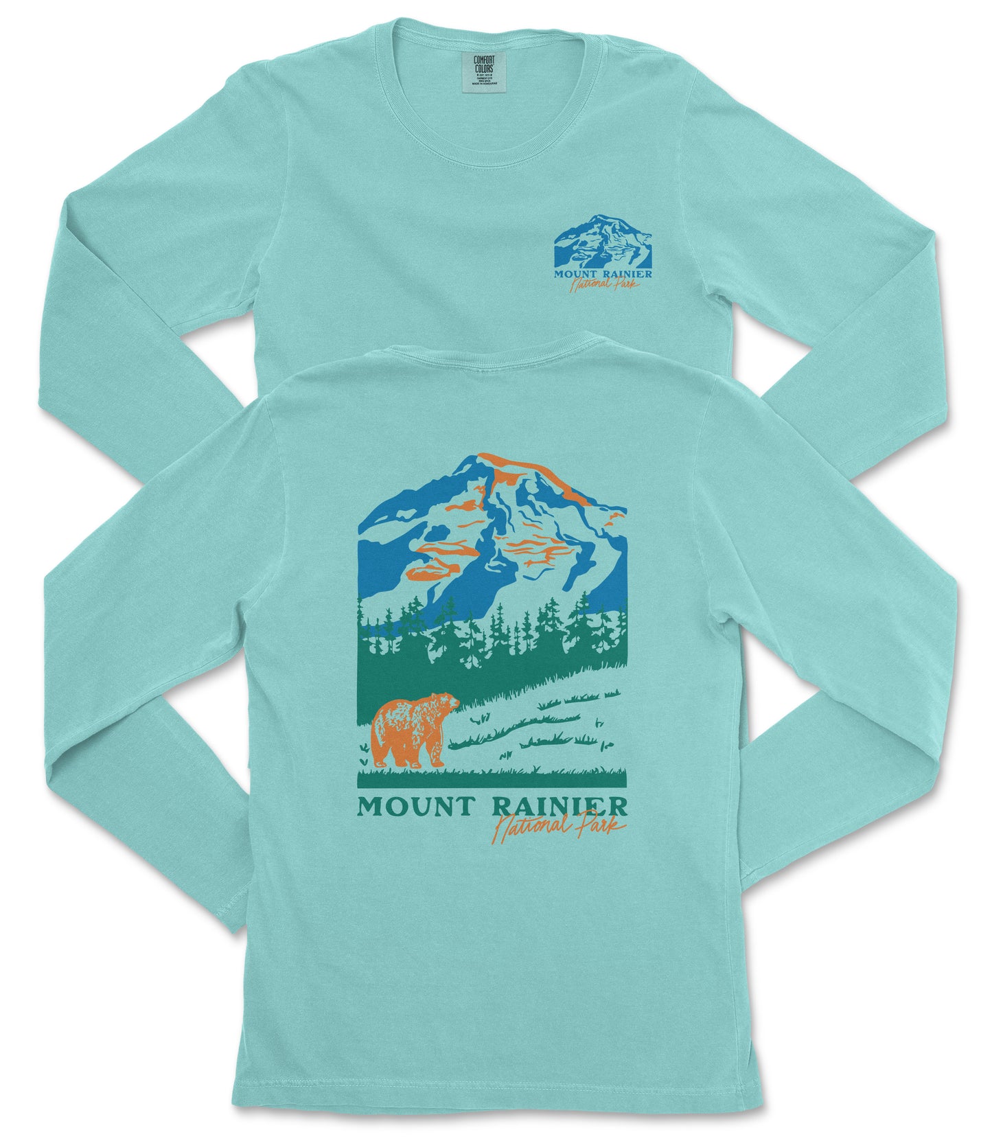 A turquoise long-sleeved t-shirt with a graphic design depicting a mountain landscape and a bear.